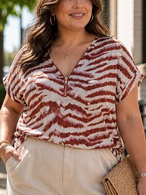 NWT Apricot Zebra Print Zip Front Top Rust White Lightweight Safari Chic Y2K